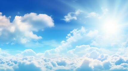 Hot cloudy summer background banner panorama - Blue sky with clouds and glowing sun