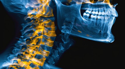 Digital composite of Highlighted spine of woman with neck pain ,cervical spondylosis problem. x-ray neck 