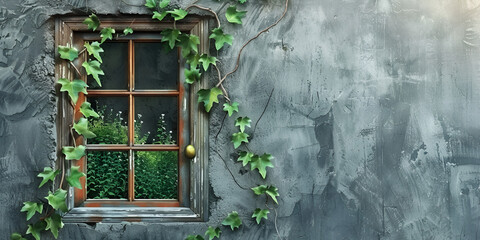 Window of a derelict farmhouse with broken glass, and plants growing behind window of old house overgrown with ivy