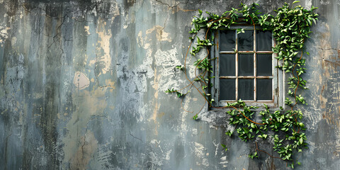 Window of a derelict farmhouse with broken glass, and plants growing behind window of old house overgrown with ivy