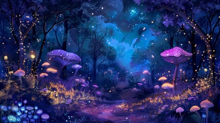 Fototapeta premium enchanted fantasy forest with bioluminescent plants digital painting