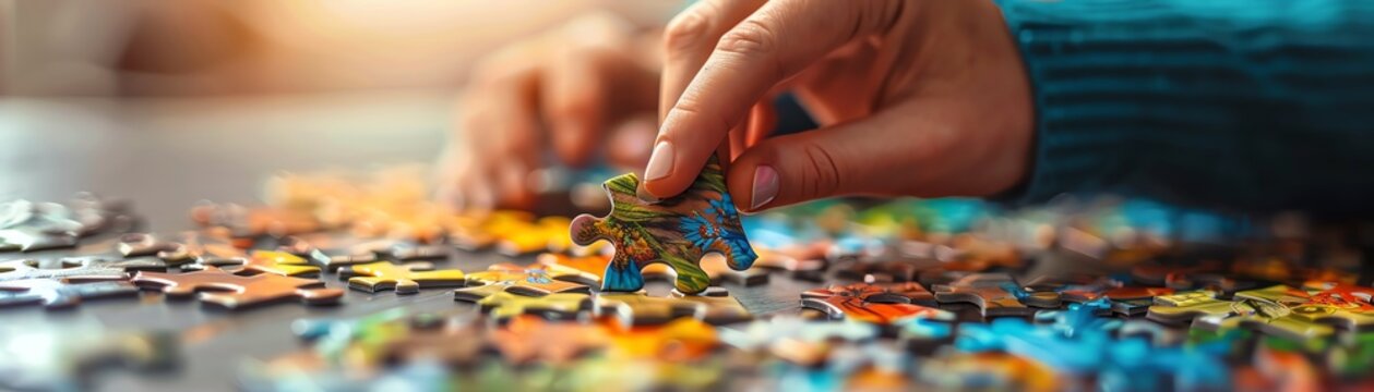 Satisfying moment of completing a challenging jigsaw puzzle, last piece being placed