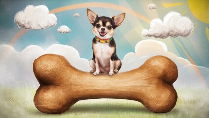 Little Chihuahua sits on a huge bone