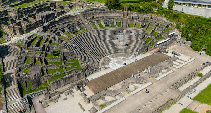 Aerial view of Ancient Theatre of Fourvi&egrave;re, and The Odeon of Lyon. France. it was an ancient Roman theatre inscribed on the UNESCO