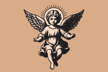 Cute little flying angel. Vintage old engraving illustration, emblem, logo. Vector picture