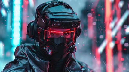 futuristic cyber criminal menacing vr gamer in dystopian villain costume atmospheric cyberpunk portrait gritty digital render