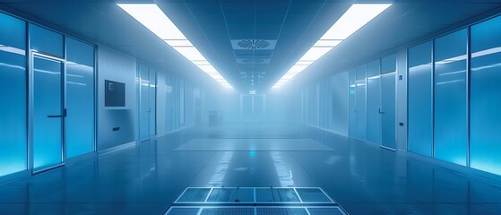 A cell culture cleanroom bathed in soft blue and white light HEPA filters hum gently, creating a sterile environment reminiscent of a serene celestial body