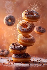Delightful donuts, irresistible choices for snacking or dessert, best culinary garnished with sweet powdered sugar, chocolate, biscuit crumbs, and cream.