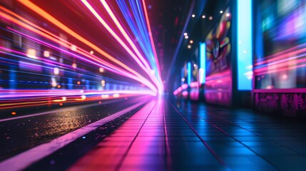 Obraz premium Neon lit city street zooming into a vibrant future