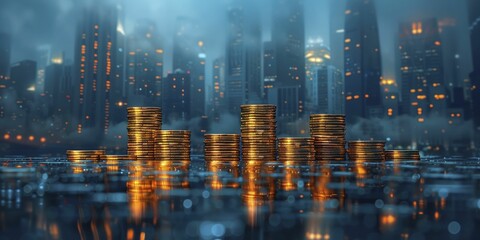 Fototapeta premium A financial metropolis emerges, where coins tower like skyscrapers in a cool blue haze, embodying the essence of investment.