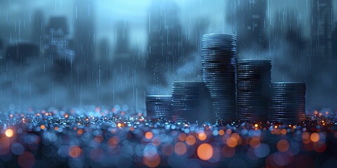 In the surreal cityscape, shimmering coins rise like skyscrapers through a serene blue mist, embodying a vision of prosperous investments.