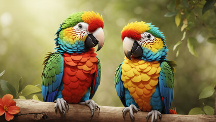 A brightly colored parrot is sitting on a branch in front of a blurry background of green leaves.

