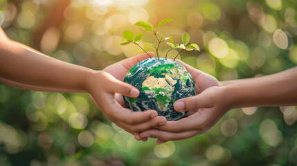 World environment day concept, Earth in the hands of multiethnic people for water protection and ecology care on blurred nature background with copy space.