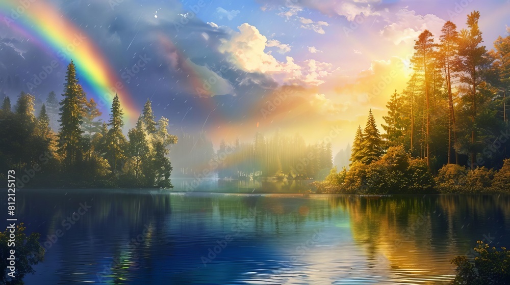 Poster majestic rainbow arching over tranquil forest lake breathtaking nature landscape digital painting - Posters