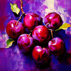 Colourful dreamy watercolour oil painting splash colour of plums Fruits