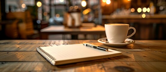 A cozy caf? scene with a coffee cup and notebook on a wooden table, inviting a moment of reflection or creativity. Created with Generative AI