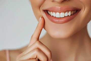 Obraz premium Woman pointing to healthy gums to demonstrate effective dental hygiene practices