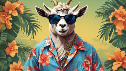 Naklejka premium a goat wearing sunglasses and hawaii t-shirt