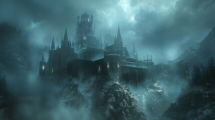Fototapeta premium The dark castle is shrouded in mist. It is a place of mystery and danger. What secrets does it hold?