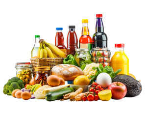 Composition with variety of grocery products  organic  fresh fruits beverages vegetable products on white background