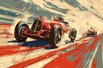 Vintage racing poster featuring classic race cars in dynamic action. Retro motorsport and racing heritage concept for design and poster