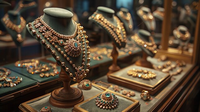 Valuable antique jewelry displayed in a museum case, reflecting the wealth and history of past eras