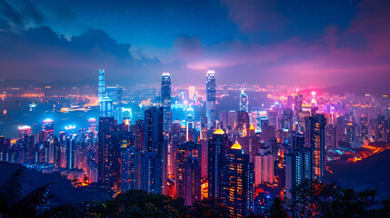 Stunning night view of a bustling city skyline illuminated by neon lights, overlooking a busy harbor under a starry sky