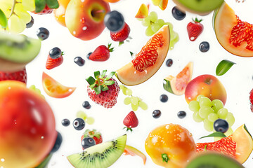 Colorful fruits suspended mid-air against a pristine white background, creating a dynamic and vibrant composition