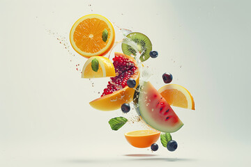 Colorful fruits suspended mid-air against a pristine white background, creating a dynamic and vibrant composition