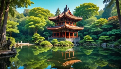 Ancient pagoda reflects in tranquil and pond 