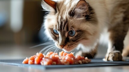 A Ragdoll cat examining a small pile of raw turkey pieces, placed on a minimalist grey mat to highlight the diet