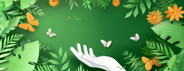 World environment day banner with paper cut hands and flowers on a green background, World Environment Day concept design template for a web poster or flyer presentation design