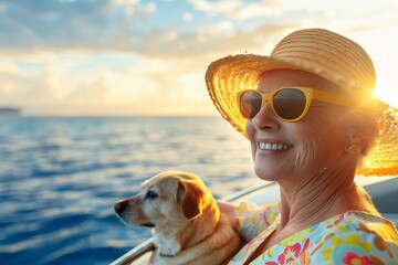 A smiling elderly lady in sunglasses and a hat with a cute dog travels by boat at sunset