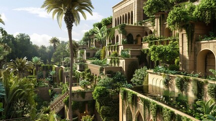 The Hanging Gardens of Babylon: Lush greenery cascading down the tiers of the Hanging Gardens, a marvel of ancient engineering.