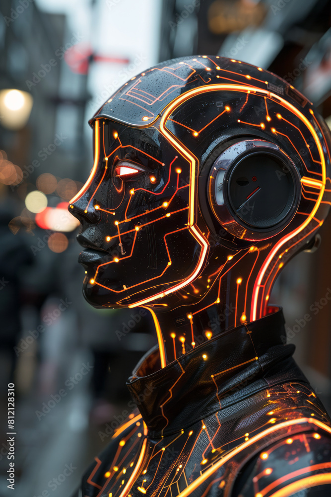 Poster A humanoid robot with neon circuit patterns on its surface, interacting with humans in a public space,