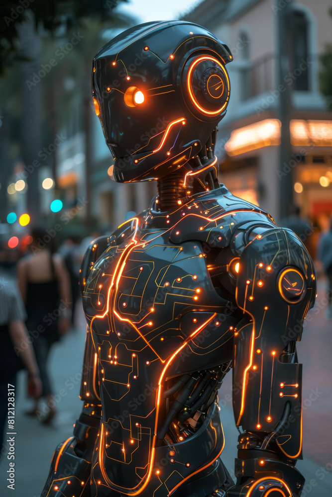 Poster A humanoid robot with neon circuit patterns on its surface, interacting with humans in a public space,