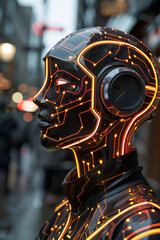 A humanoid robot with neon circuit patterns on its surface, interacting with humans in a public space,