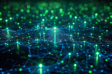Obraz premium A neon green and blue map of a digital network, representing the global reach of social media,