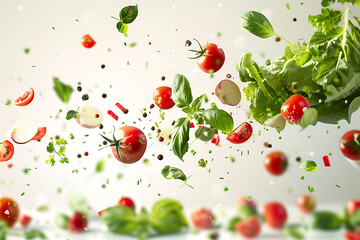 Assorted vegetables soaring in mid-air against a pristine white backdrop, capturing motion and freshness