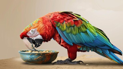 vibrant hahns macaw perched beside food bowl engaging in lively conversation realistic illustration