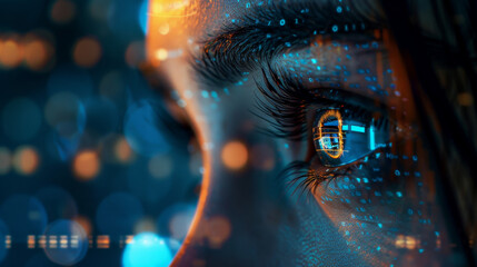 Digital background featuring a closeup of a woman's eye with glowing data and code, bokeh lights, in the style of cyberpunk