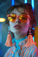 A portrait of a woman wearing pastel makeup with neon 80s style earrings and sunglasses,