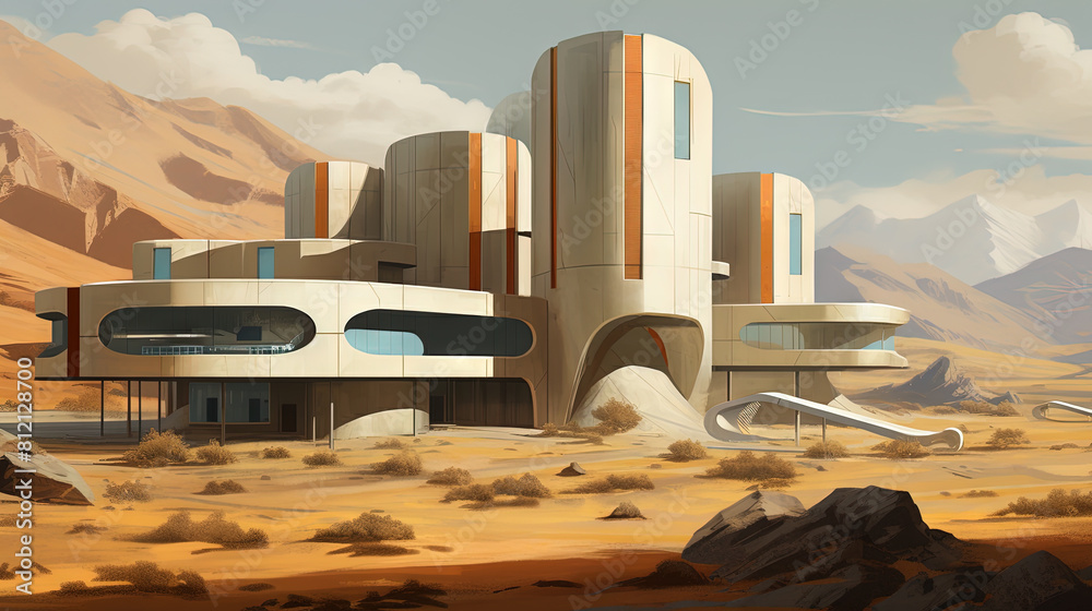 Poster retro futuristic architecture in sci-fi scene on the desert planet. alien landscape with nostalgic r