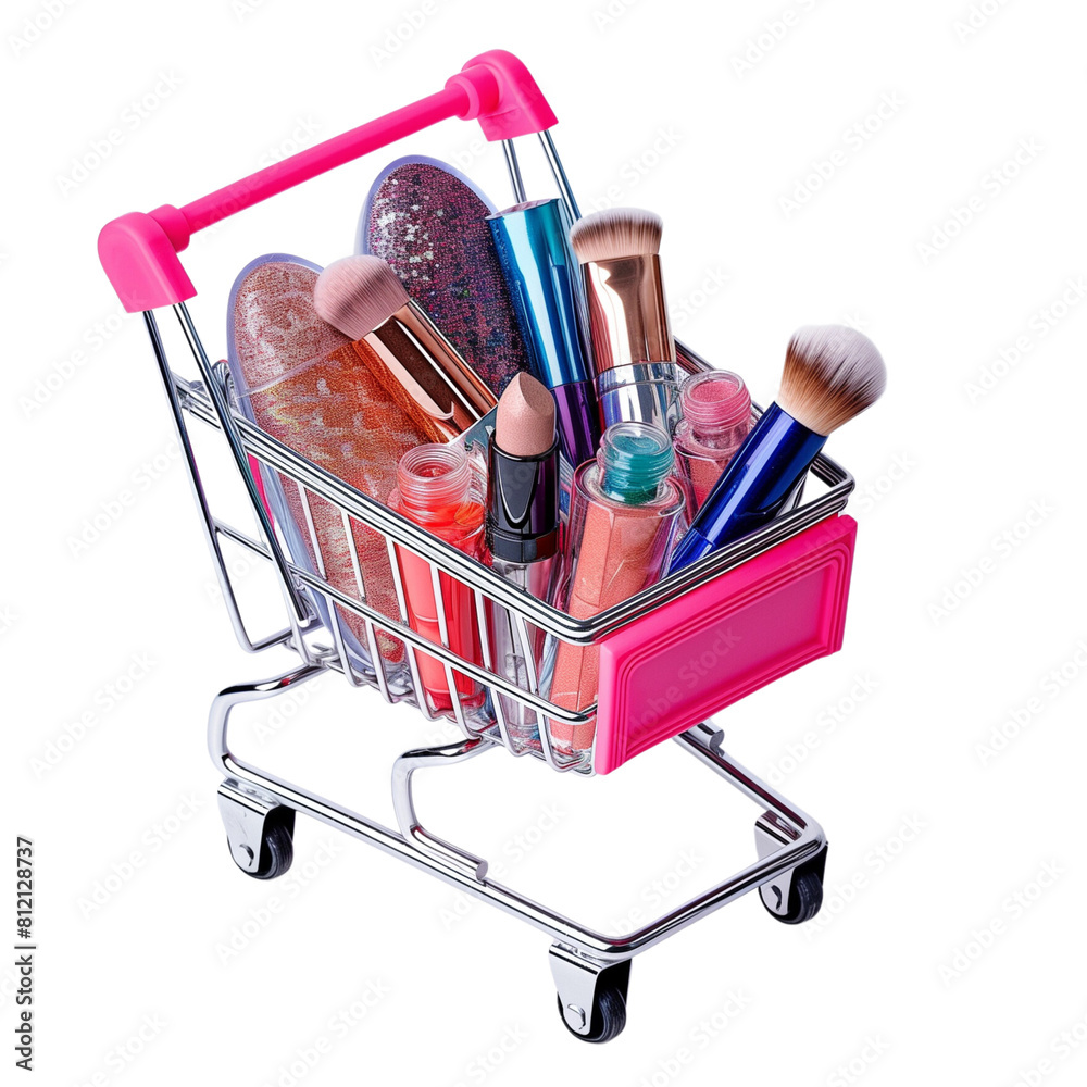 Wall mural shopping cart full with pink theme makeup cosmetics with accessories makeup products online shopping