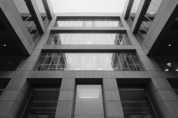 Architectural facade of a building featuring straight lines and a grayscale palette, highlighting modern aesthetics,