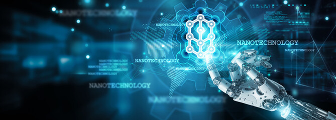 Nanotechnology, Hands of robot touch nanostructures and manipulate icon, interactions on network, materials, devices, electronics, medicine and engineering advance rapidly.