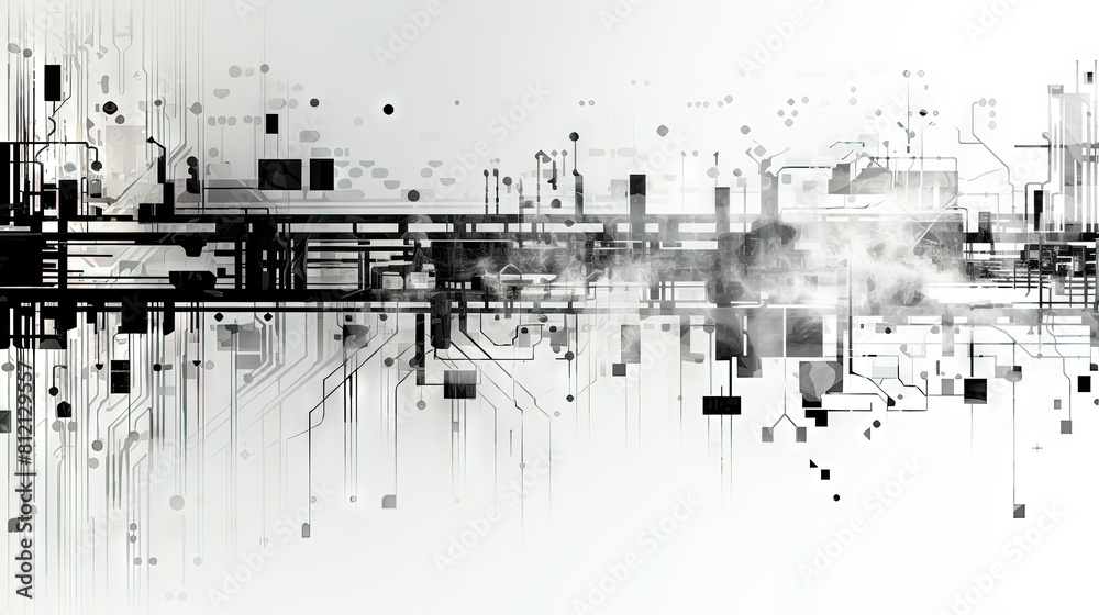 Poster abstract circuit board concept with black track lines on white background.
