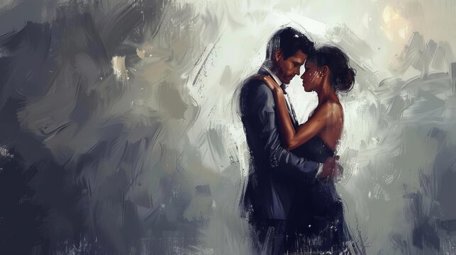 passionate couple slow dancing man in dark grey suit hugging woman graceful and sensual digital painting