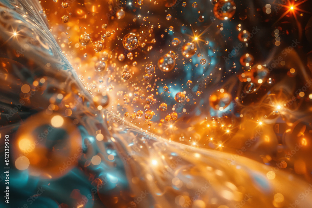Poster artistic depiction of neutrinos passing through matter, barely interacting with other particles,