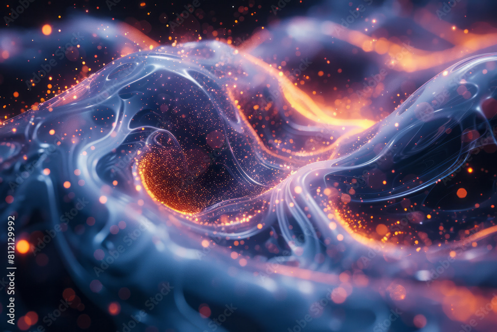 Poster artistic depiction of neutrinos passing through matter, barely interacting with other particles,